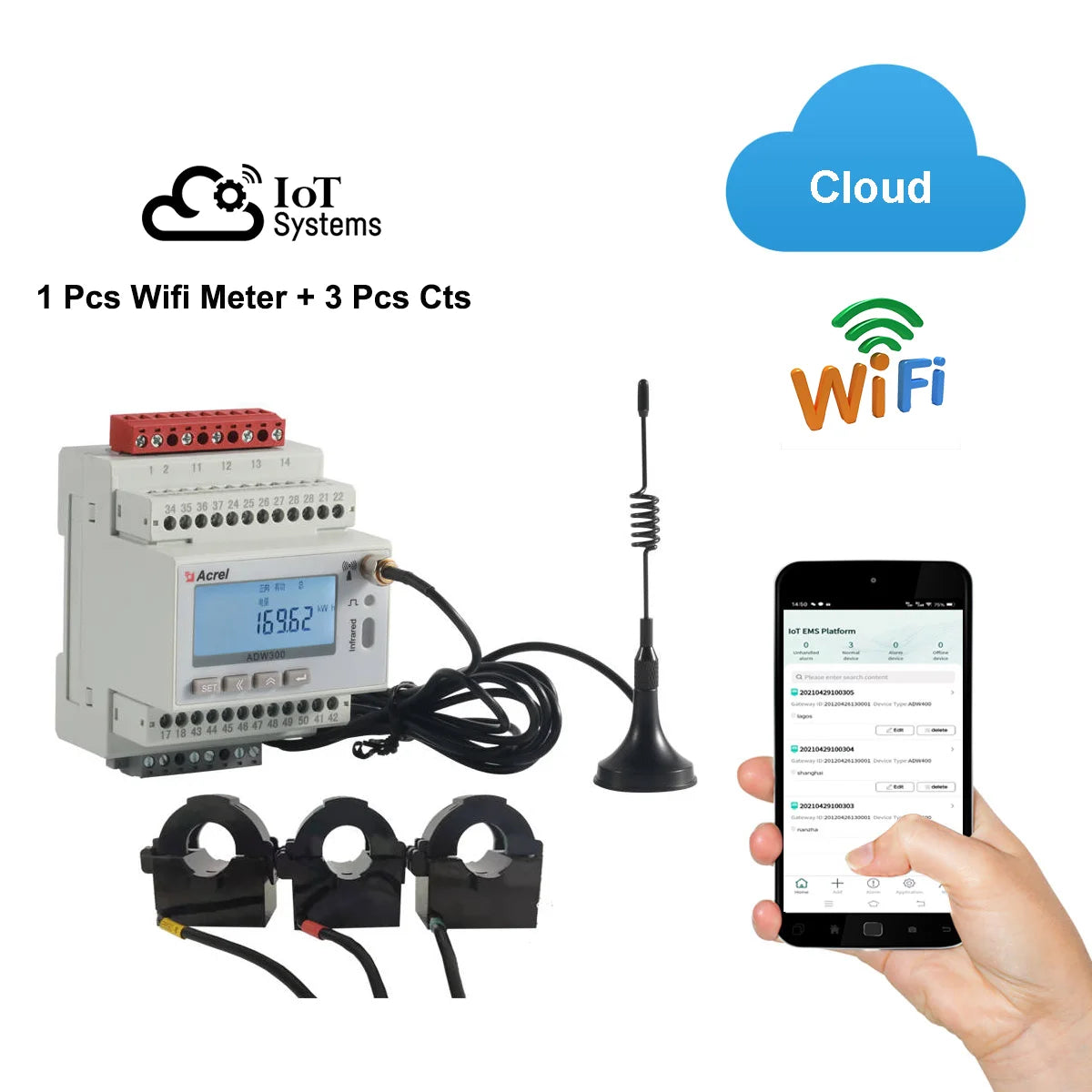 Acrel 1 Pieza Medidor de Energía Inteligente Inalámbrico IoT WIFI Trifásico MQTT RS485 Modbus-RTU con 3 Piezas Transformador de Corriente de Núcleo Dividido 0-1000A