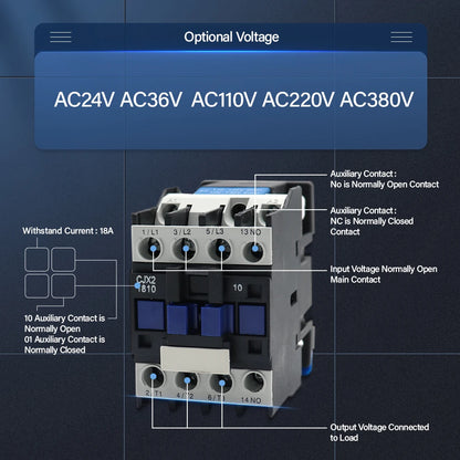 CJX2-1810 LC1 AC Contactor 18A 3 Phase 3-Pole NO Coil Voltage 380V 220V 110V 36V 24V 50/60Hz Din Rail Mounted 3P+1NO Normal Open by 54 Energy - Renewable Energy Store