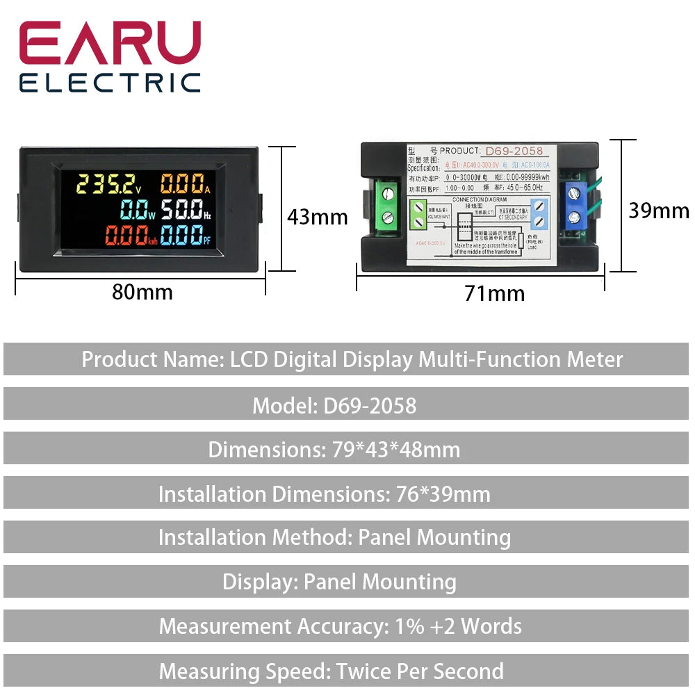 D69-2058 AC Power LCD Digital Voltage Current Power Voltmeter Ammeter KWH Panel Meter Electric Energy Consumption Monitors 100A by 54 Energy - Renewable Energy Store