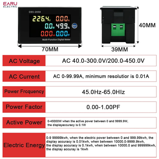 D85-2058 Single-Phase Household Digital LCD AC Panel Meter Intelligent Voltage Current Frequency Power Monitor by 54 Energy - Renewable Energy Store