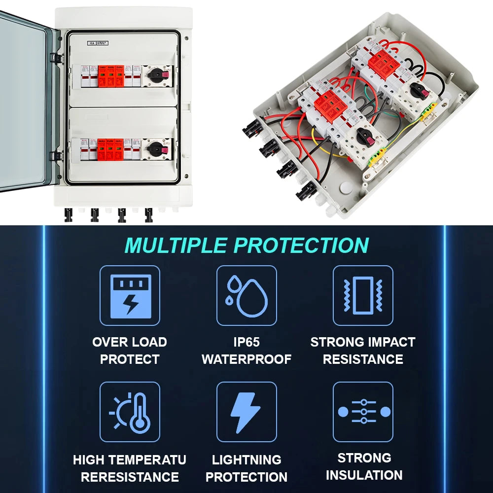 DC 1000V 4 Input 2 Output Solar Photovoltaic PV Combiner Box With Surge Lightning Protection DC Fuse MCB SPD Waterproof Box IP65