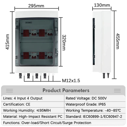 Boîtier de combinaison PV solaire 4 entrées 4 sorties 500 V CC avec protection contre les surtensions et la foudre, fusible CC, disjoncteur CC, SPD, boîtier étanche IP65