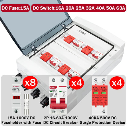 Boîtier de combinaison PV solaire 4 entrées 4 sorties 500 V CC avec protection contre les surtensions et la foudre, fusible CC, disjoncteur CC, SPD, boîtier étanche IP65