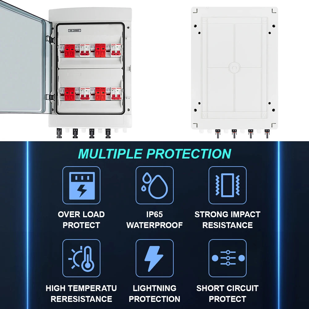 Boîtier de combinaison PV solaire 4 entrées 4 sorties 500 V CC avec protection contre les surtensions et la foudre, fusible CC, disjoncteur CC, SPD, boîtier étanche IP65