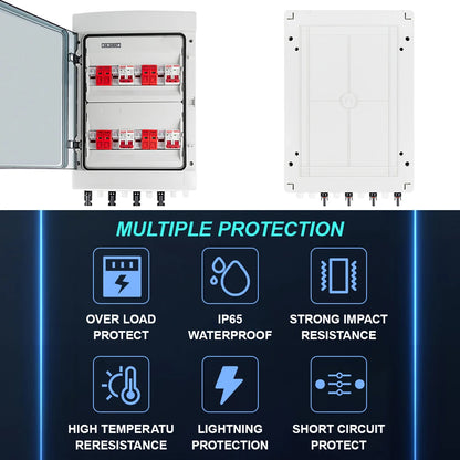 Boîtier de combinaison PV solaire 4 entrées 4 sorties 500 V CC avec protection contre les surtensions et la foudre, fusible CC, disjoncteur CC, SPD, boîtier étanche IP65