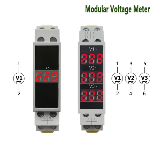 Din Rail 18mm Voltage Meter AC 80-500V 220V 380V Single Three Phase Modular Voltmeter Indicator LED Digital Display Detector by 54 Energy - Renewable Energy Store