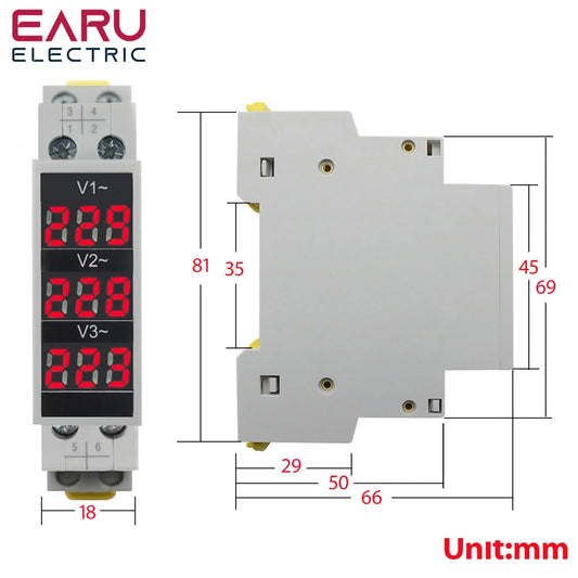 Din Rail 18mm Voltage Meter AC 80-500V 220V 380V Single Three Phase Modular Voltmeter Indicator LED Digital Display Detector by 54 Energy - Renewable Energy Store