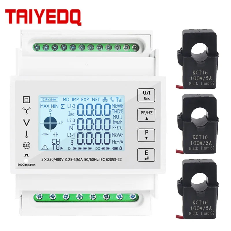 Din Rail 3 Phase Energy Monitor Consumption Power Meter kwh Ammeter With 3PCS RS485 Modbus 50/100/15/200CT 230VAC by 54 Energy - Renewable Energy Store