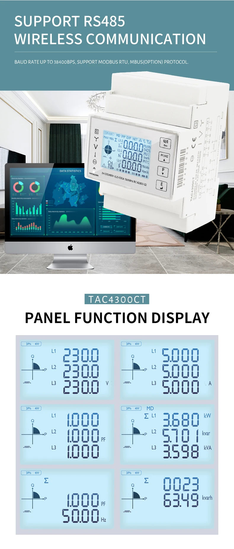 Din Rail 3 Phase Energy Monitor Consumption Power Meter kwh Ammeter With 3PCS RS485 Modbus 50/100/15/200CT 230VAC by 54 Energy - Renewable Energy Store