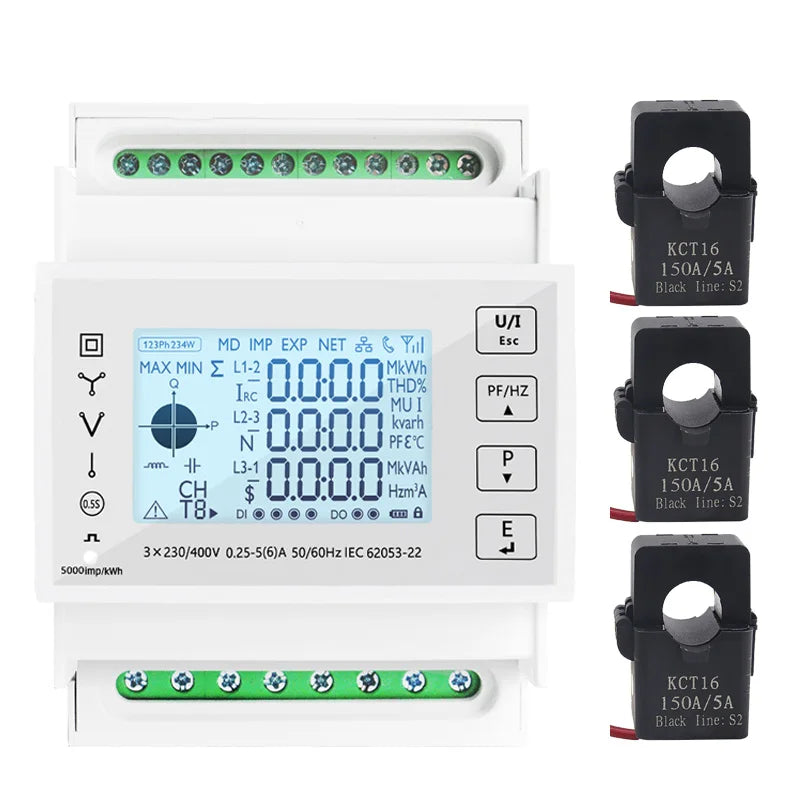 Din Rail 3 Phase Energy Monitor Consumption Power Meter kwh Ammeter With 3PCS RS485 Modbus 50/100/15/200CT 230VAC by 54 Energy - Renewable Energy Store