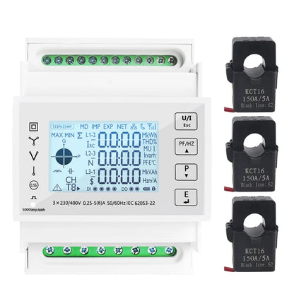 Din Rail 3 Phase Energy Monitor Consumption Power Meter kwh Ammeter With 3PCS RS485 Modbus 50/100/15/200CT 230VAC by 54 Energy - Renewable Energy Store