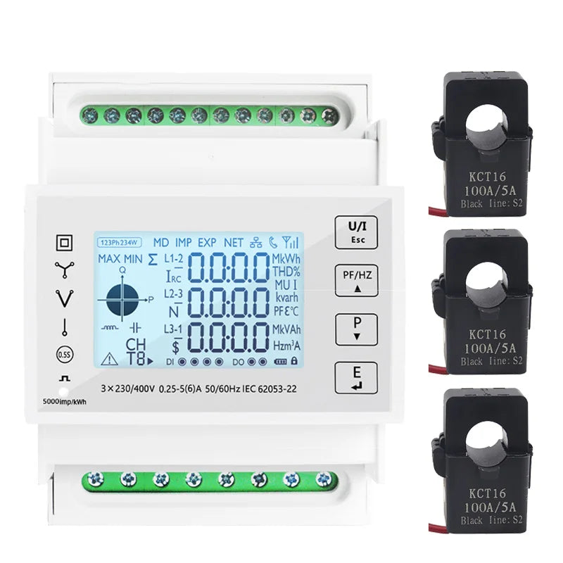 Din Rail 3 Phase Energy Monitor Consumption Power Meter kwh Ammeter With 3PCS RS485 Modbus 50/100/15/200CT 230VAC by 54 Energy - Renewable Energy Store