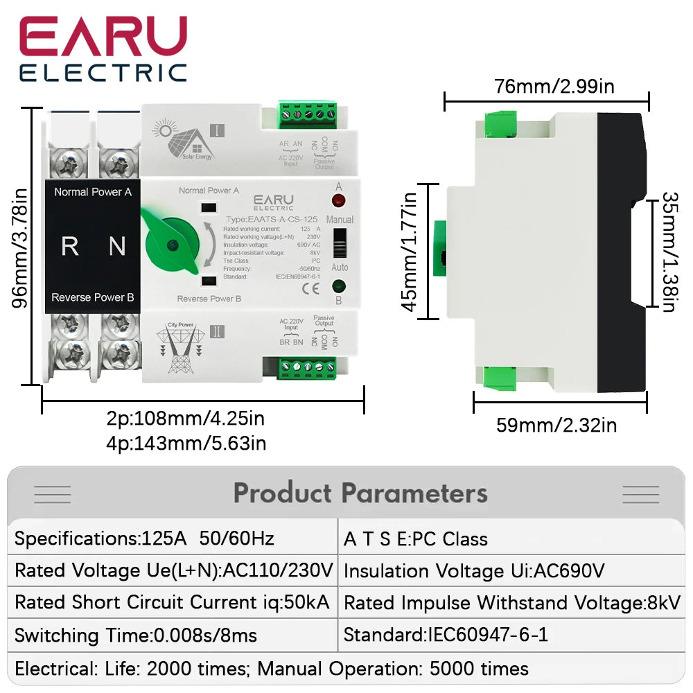 Din Rail ATS for PV and Inverter Dual Power Automatic Transfer Selector Switches Uninterrupted Power 2P 4P AC 110V AC 230V 125A