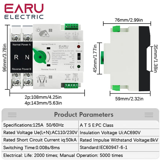 Din Rail ATS for PV and Inverter Dual Power Automatic Transfer Selector Switches Uninterrupted Power 2P 4P AC 110V AC 230V 125A
