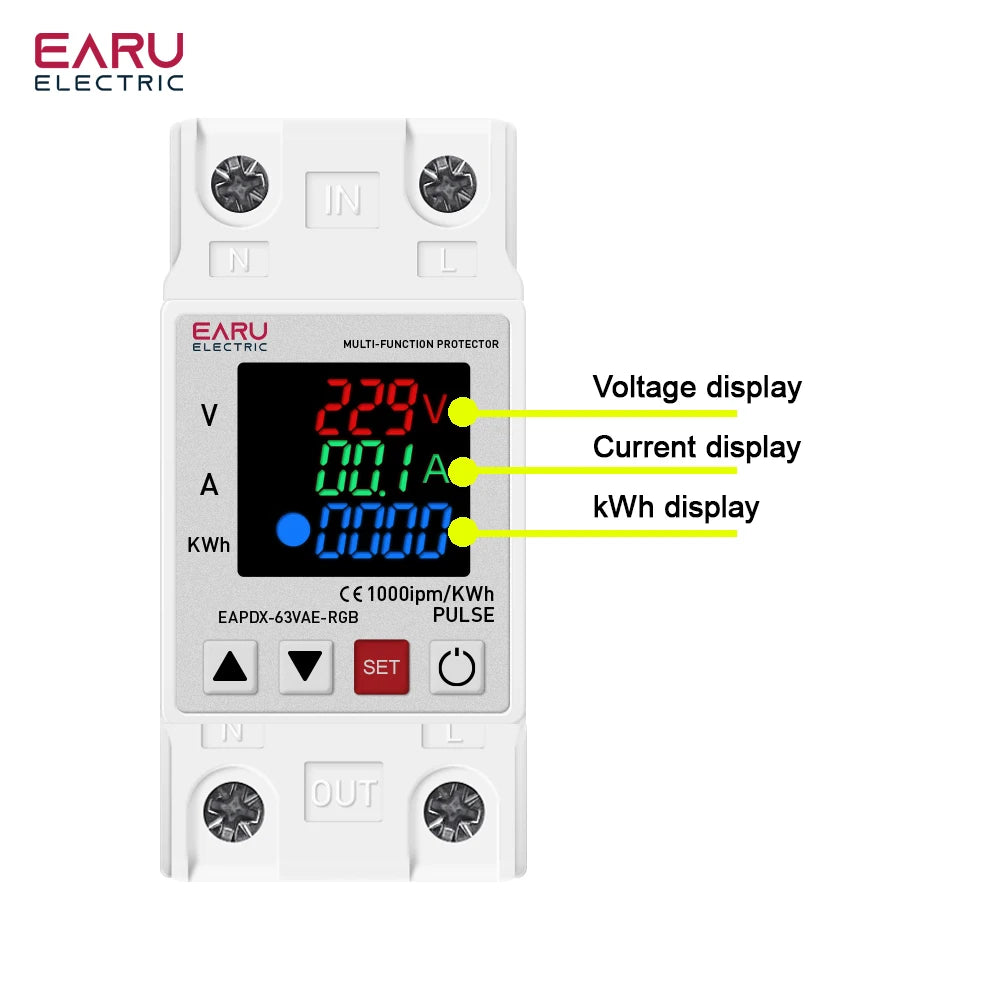 Din Rail Dual Display Adjustable Over Voltage Current and Under Voltage Protective Device Protector Relay 63A 220V 230V KWH by 54 Energy - Renewable Energy Store