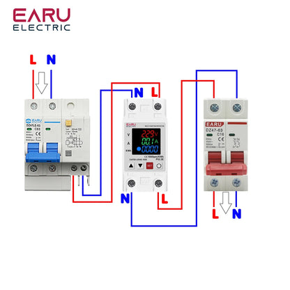 Din Rail Dual Display Adjustable Over Voltage Current and Under Voltage Protective Device Protector Relay 63A 220V 230V KWH by 54 Energy - Renewable Energy Store