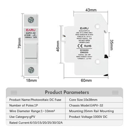 Fusibles solaires sur rail DIN CC 1000V 1500V PV Photovoltaïque 20A 25A 30A Embase porte-fusible pour système solaire Protection contre les courts-circuits gPV