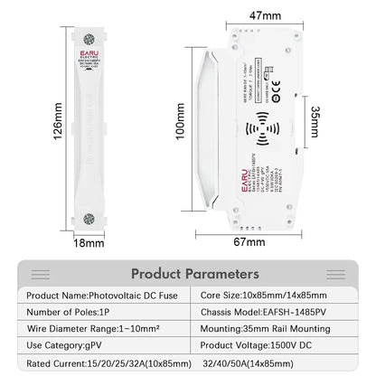 Fusibles solaires sur rail DIN CC 1000V 1500V PV Photovoltaïque 20A 25A 30A Embase porte-fusible pour système solaire Protection contre les courts-circuits gPV