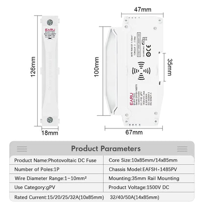 Fusibles solaires sur rail DIN CC 1000V 1500V PV Photovoltaïque 20A 25A 30A Embase porte-fusible pour système solaire Protection contre les courts-circuits gPV