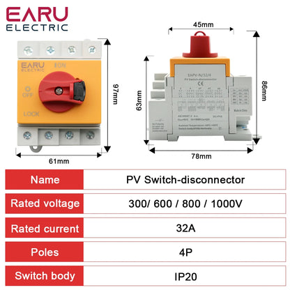 Din Rail Solar PV DC 4P 32A 1000V Rotating Handle Isolator Rotary Switch Disconnector For Solar distribution box by 54 Energy - Renewable Energy Store
