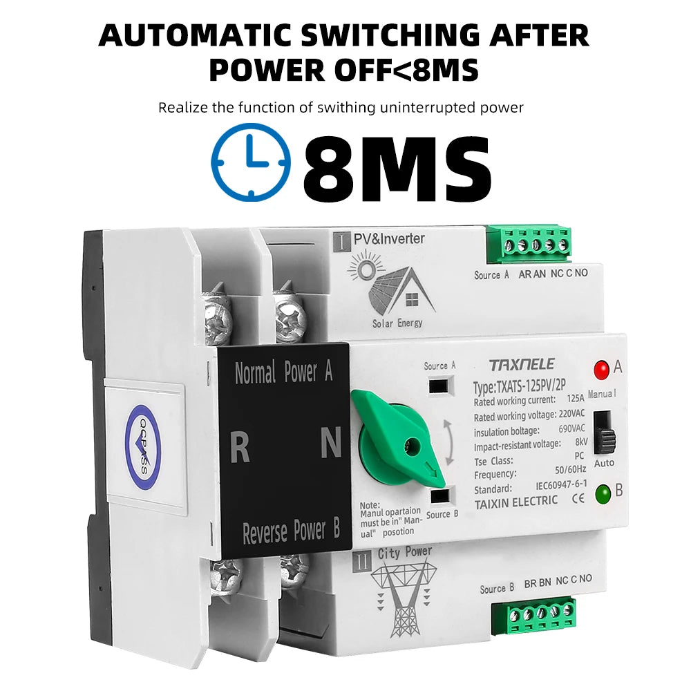Dual Power Automatic Transfer Selector Switches Uninterrupted 63/ 100/ 125A photovoltaics solar by 54 Energy - Renewable Energy Store