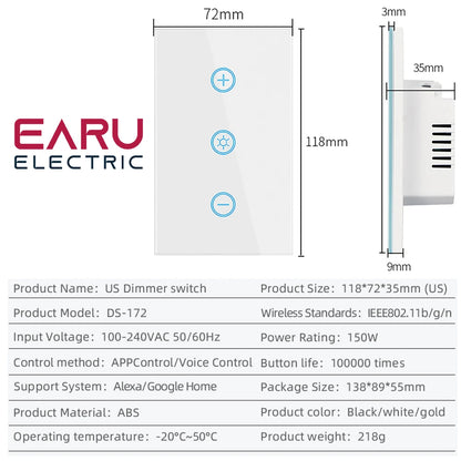 EU US WiFi Smart Glass Panel Wall Touch Switch Dimmer Switch by Smart Life Tuya APP Remote Control for Amazon Alexa Google Home by 54 Energy - Renewable Energy Store