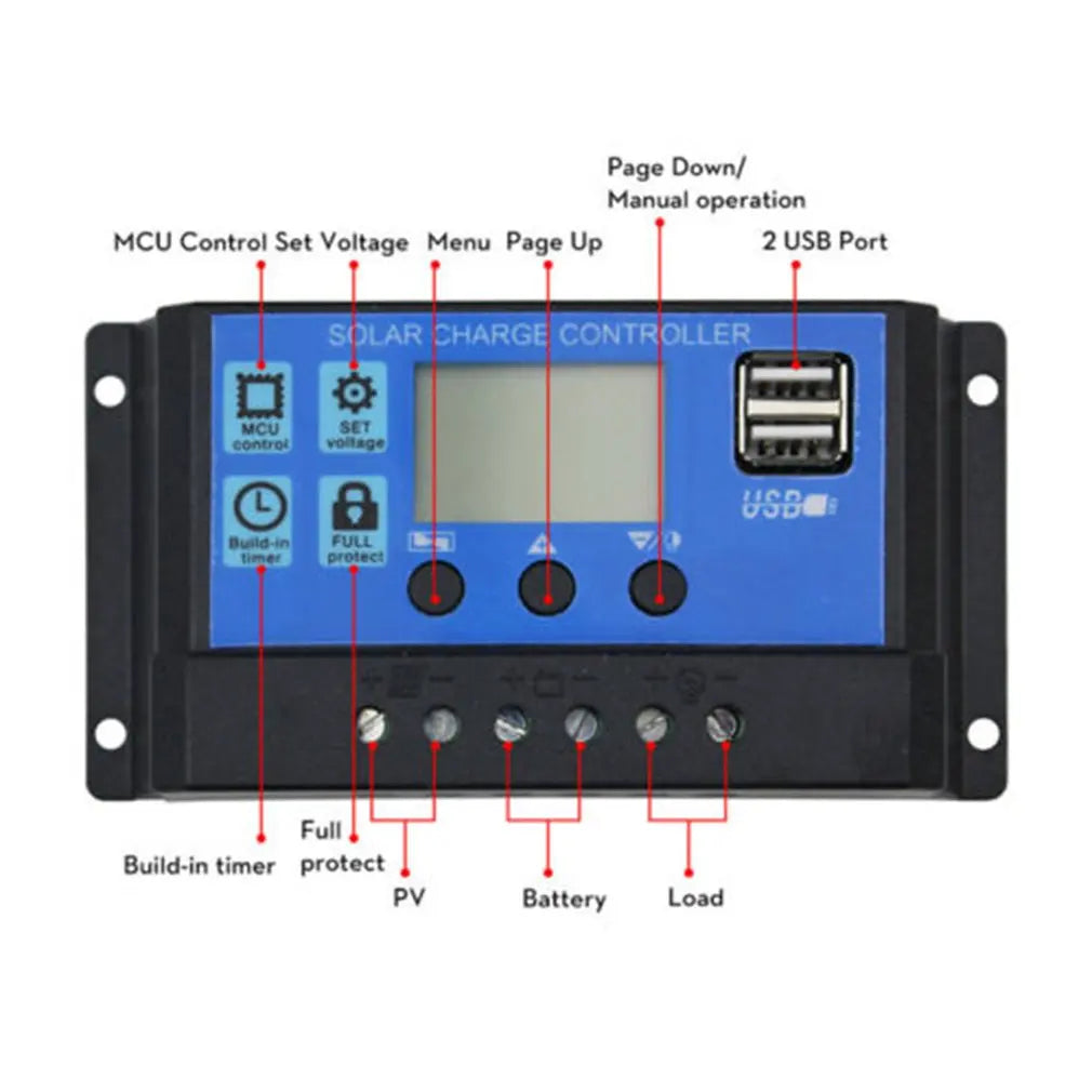 FLTXNY 12V 24V Auto Recognition Solar Panel PV Regulator Battery Charger PWM Solar Charge Controller LCD Dualusb 5V Output by 54 Energy - Renewable Energy Store