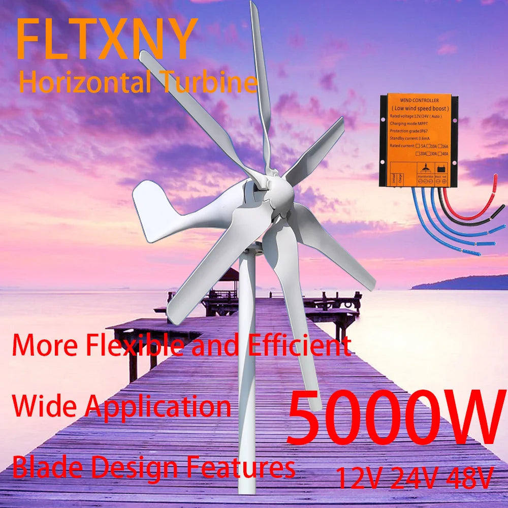 Free Energy China Factory 6 Blades Windmills Wind Turbine Generator 5000W 12V 24V 48V With Mppt Charge Controller For Home Use by 54 Energy - Renewable Energy Store
