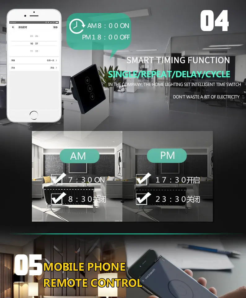 1 2 3 Gang WiFi Smart Timer Touch Switch Glass Panel Wall Light Switch Remote Control by TUYA Smart Life APP Alexa Google Home by 54 Energy - Renewable Energy Store