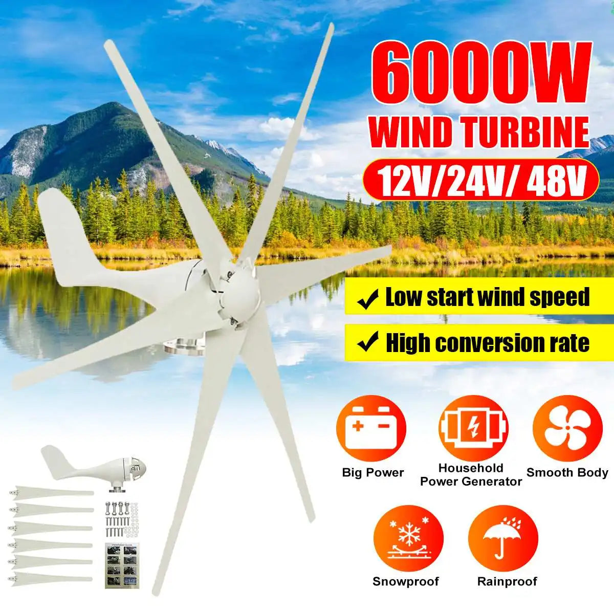 Wind Turbines 6000W Wind Generator 12V 24V 48V 6 Blade Black Horizontal Home Powers Windmill Energy Turbines Charge - 54 Energy - Renewable Energy Store