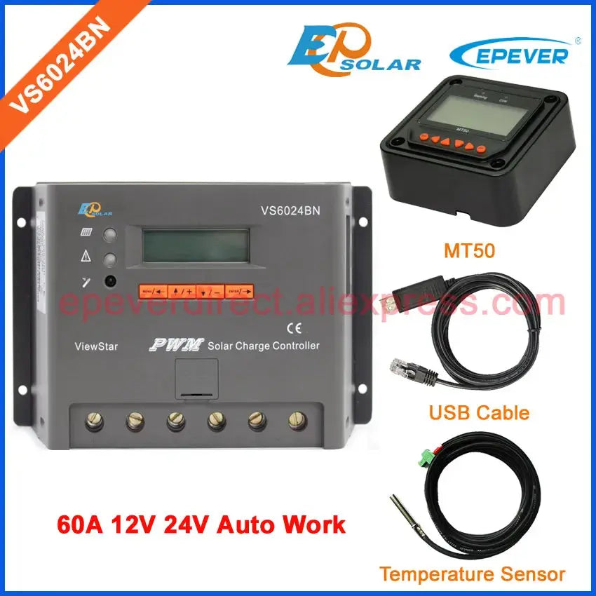 12v 24v auto type 60A Solar Controller VS6024BN 60amp USb cable and MT50 remote meter temperature sensor PWM EPEVER - 54 Energy - Renewable Energy Store