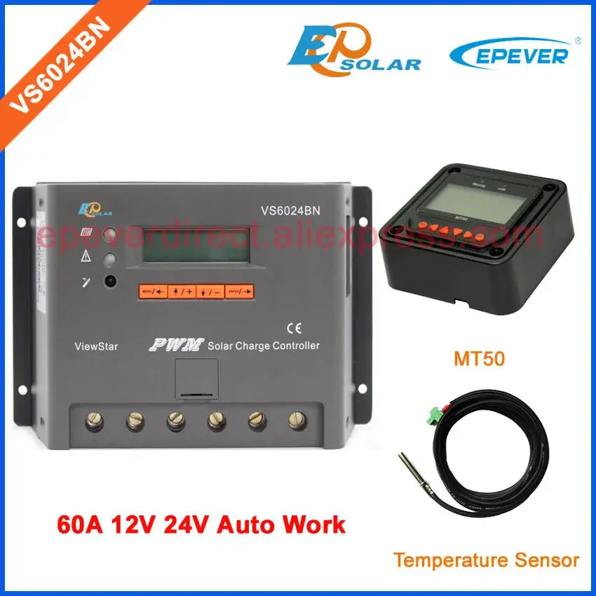 12v 24v auto type 60A Solar Controller VS6024BN 60amp USb cable and MT50 remote meter temperature sensor PWM EPEVER - 54 Energy - Renewable Energy Store