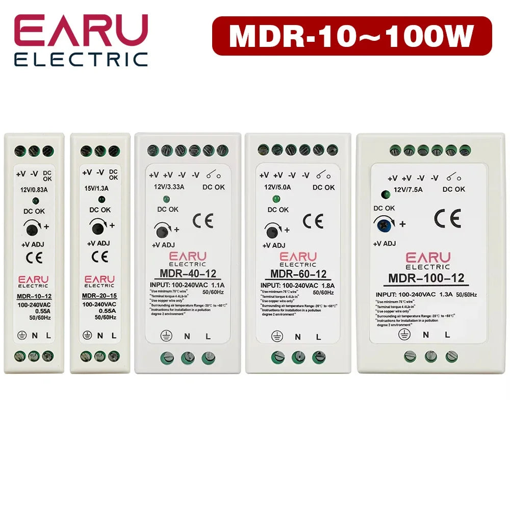 Alimentation rail DIN industrielle mini AC DC, interrupteur MDR-10W 20W 40W 60W 100W, sortie unique 12V 24V 48V 100V-240V
