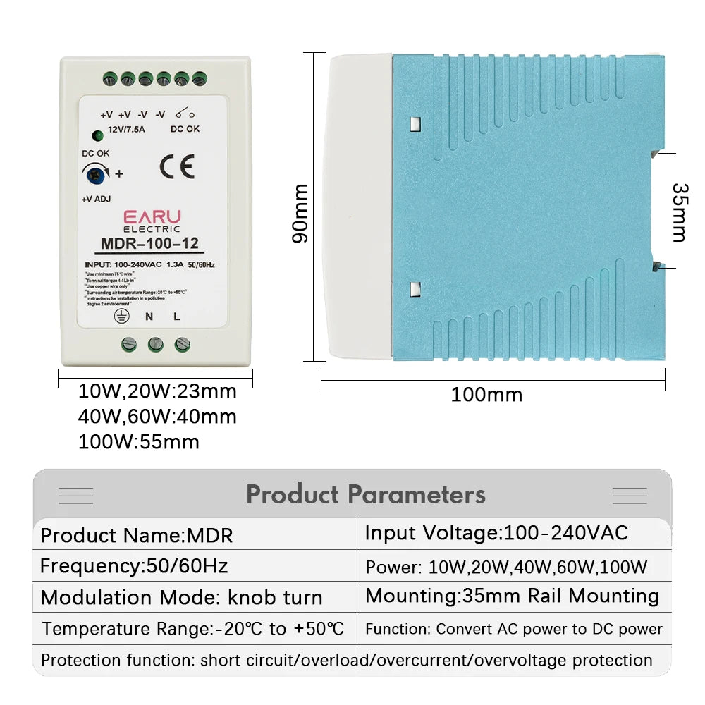 Alimentation rail DIN industrielle mini AC DC, interrupteur MDR-10W 20W 40W 60W 100W, sortie unique 12V 24V 48V 100V-240V