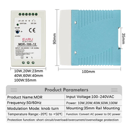 Alimentation rail DIN industrielle mini AC DC, interrupteur MDR-10W 20W 40W 60W 100W, sortie unique 12V 24V 48V 100V-240V
