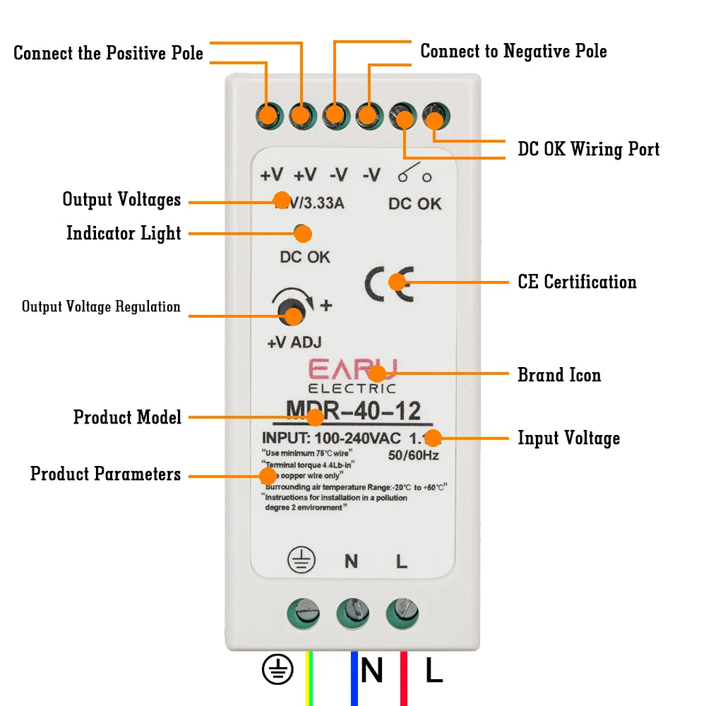 Alimentation rail DIN industrielle mini AC DC, interrupteur MDR-10W 20W 40W 60W 100W, sortie unique 12V 24V 48V 100V-240V