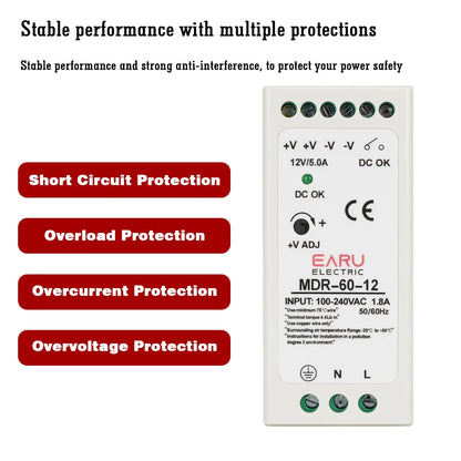 Alimentation rail DIN industrielle mini AC DC, interrupteur MDR-10W 20W 40W 60W 100W, sortie unique 12V 24V 48V 100V-240V
