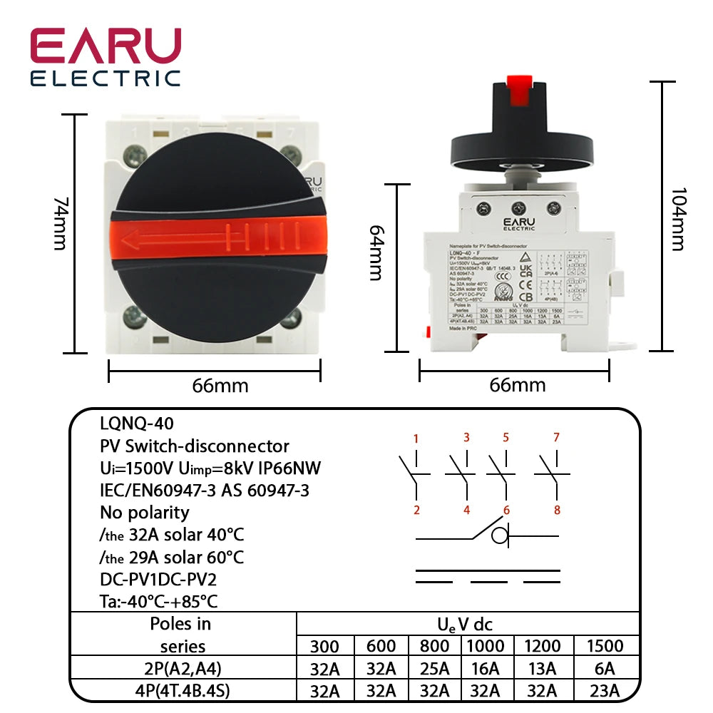 LONQ-40 Solaire DC 4P 32A 1500V Sectionneur photovoltaïque avec poignée rotative Interrupteur rotatif pour tableau de distribution solaire sur rail DIN