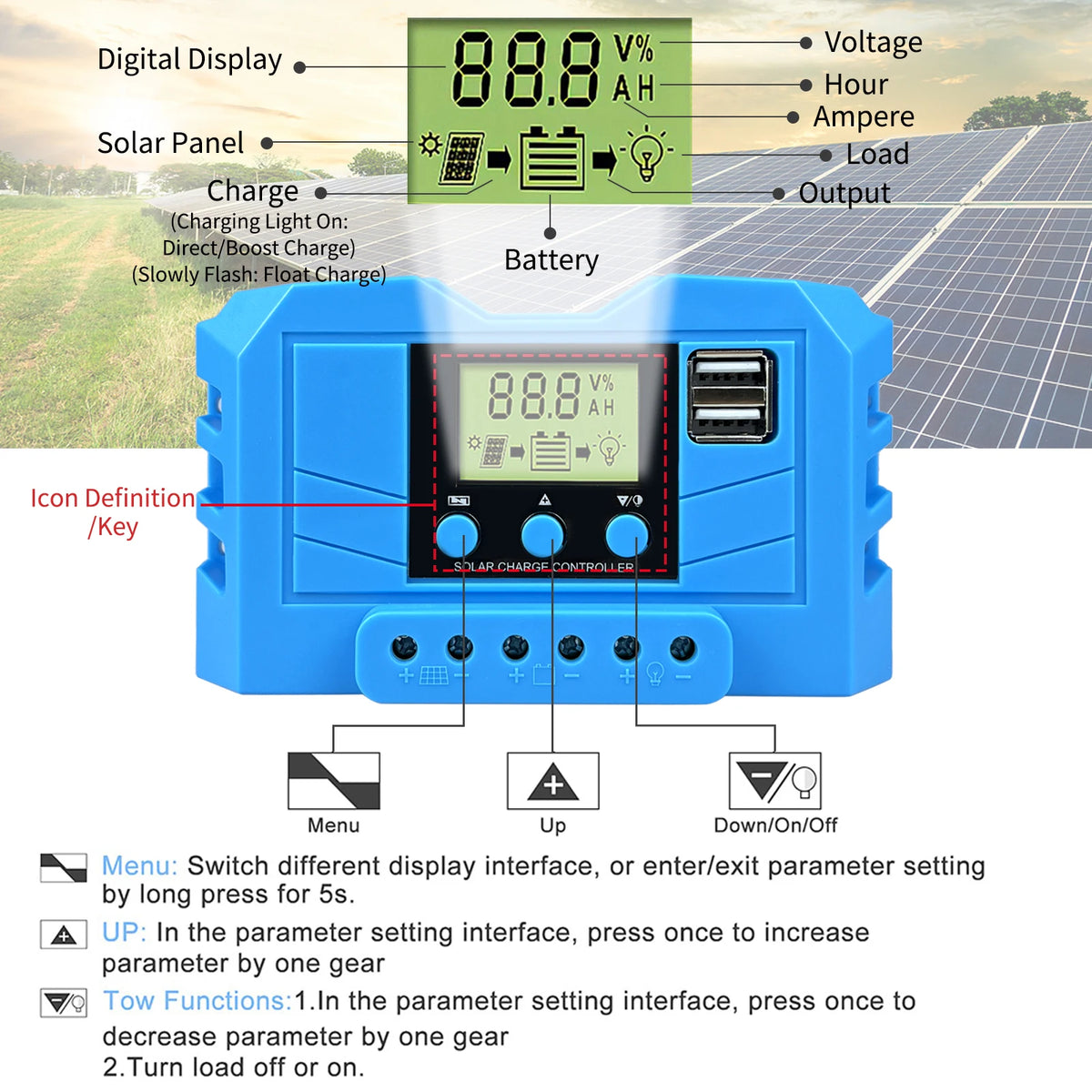 MPPT 30A Solar Charge Controller 12V 24V 720W System With USB Output by 54 Energy - Renewable Energy Store