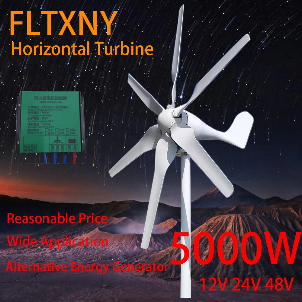 New Energy 5000W 12v 24v 48v Small Windmill 6 Blades Horizontal Wind Turbine Generator Free MPPT controller For Homeuse by 54 Energy - Renewable Energy Store