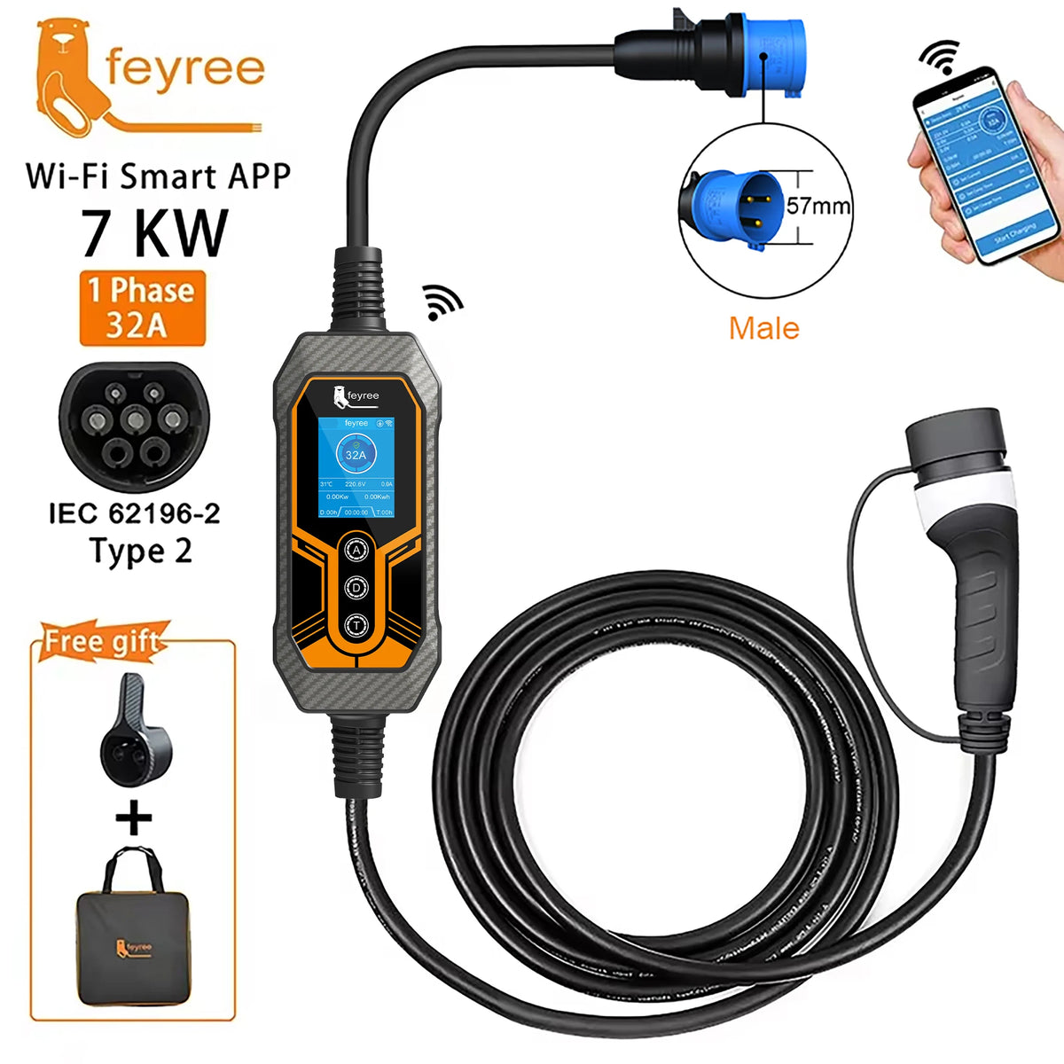 feyree Portable EV Charger Type2 32A 7KW Wi-Fi APP Control Current Adjustable Smart Timing Charging EVSE Wallbox Home&Outdoor by 54 Energy - Renewable Energy Store