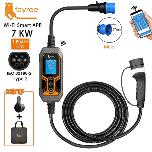 feyree Portable EV Charger Type2 32A 7KW Wi-Fi APP Control Current Adjustable Smart Timing Charging EVSE Wallbox Home&Outdoor by 54 Energy - Renewable Energy Store