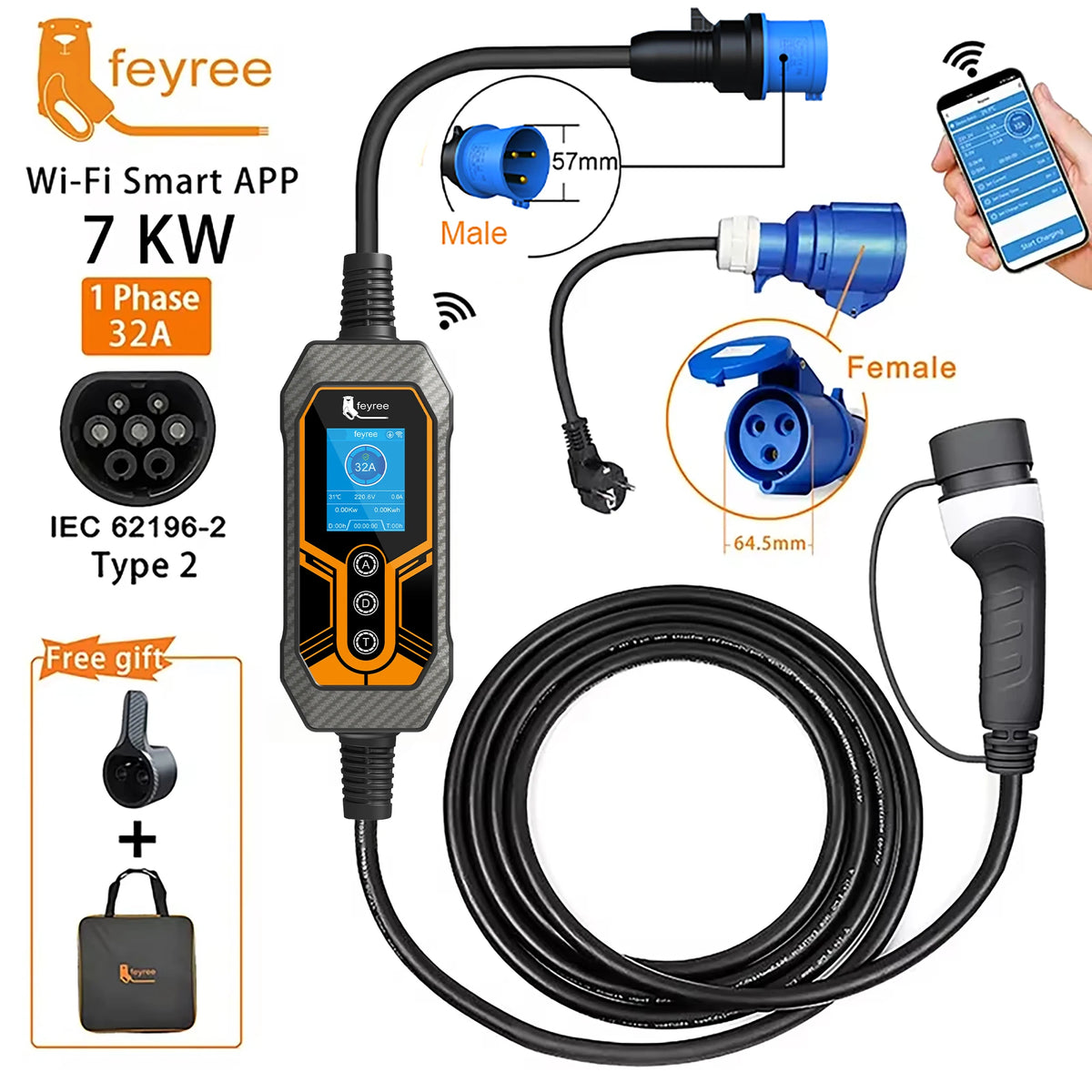 feyree Portable EV Charger Type2 32A 7KW Wi-Fi APP Control Current Adjustable Smart Timing Charging EVSE Wallbox Home&Outdoor by 54 Energy - Renewable Energy Store