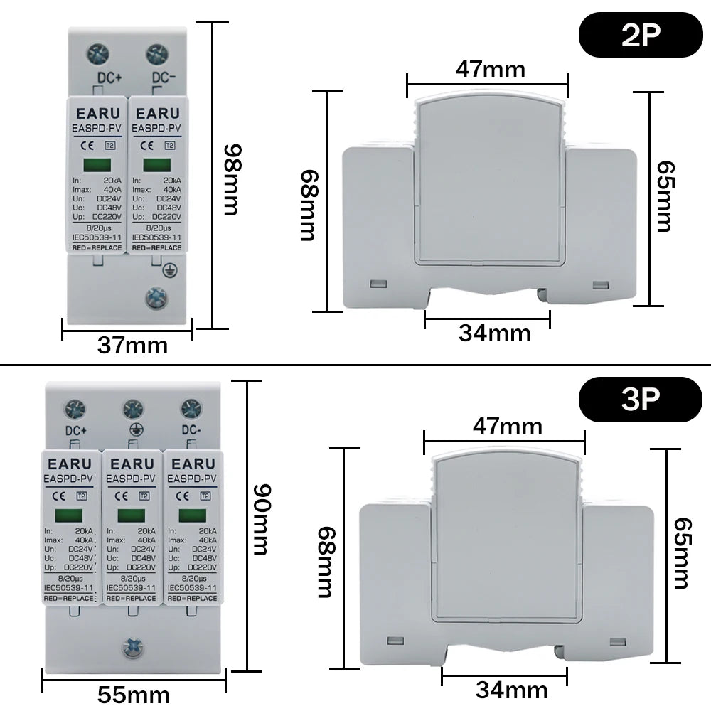 Power Surge Protective Device SPD Arrester Low Voltage House 2P 3P Surge Voltage Protection DC 12V 24V 48V 500V 800V 1000V 40KA by 54 Energy - Renewable Energy Store