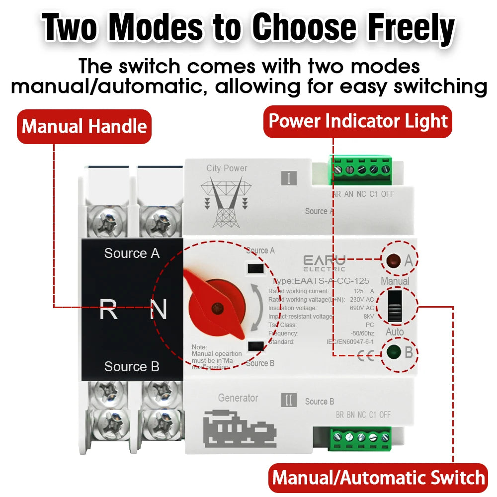 Single Phase Din Rail 2P 125A AC 230V Mini ATS Dual Power Automatic Transfer Electrical Selector Switches Uninterrupted Power