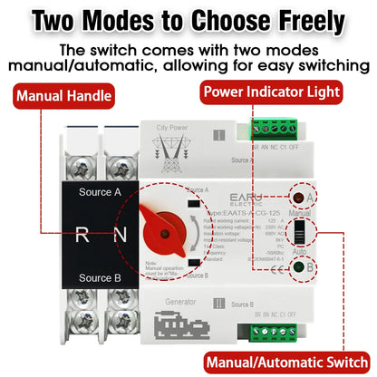 Single Phase Din Rail 2P 125A AC 230V Mini ATS Dual Power Automatic Transfer Electrical Selector Switches Uninterrupted Power