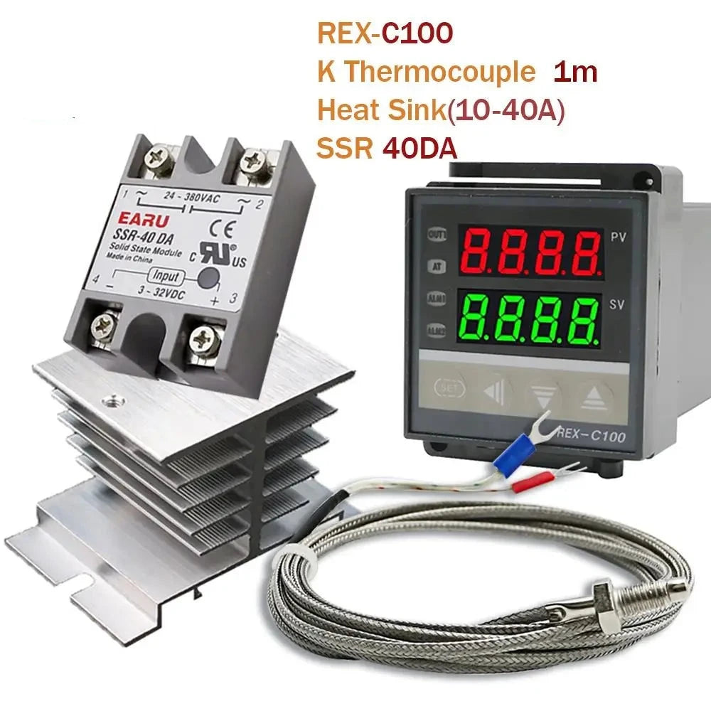 Digital PID Temperature Controller Thermostat REX-C100 + Max 40A SSR SSR-40DA Relay + K Thermocouple M6 1M Probe with Heat Sink