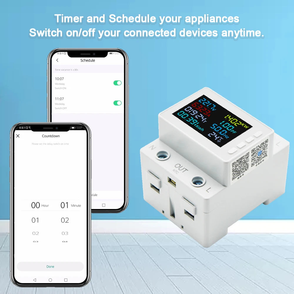 TUYA WiFi Smart Power Meter Over Under Voltage Protection Relay Switch Circuit Breaker Energy kWh Temperature Meter Smart Life