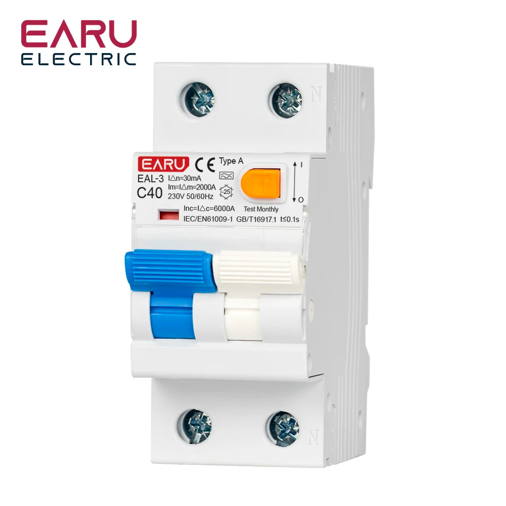 2P 40A 30mA AC 230V 50/60Hz RCBO RCCB MCB Type A Electromagnetic Residual Current Circuit Breaker Curve B/C Leakage Protection