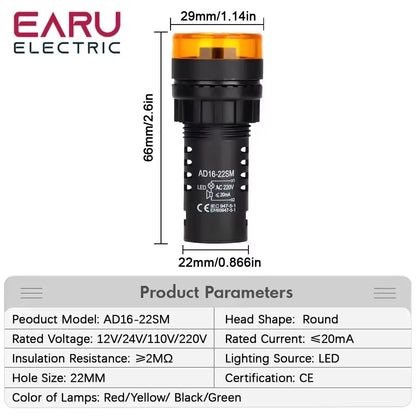 AD16-22SM 22mm Panel Diameter AC DC 12V 24V 110V 220V Flash Signal Light Red LED Active Buzzer Beep Alarm Indicator Green Yellow